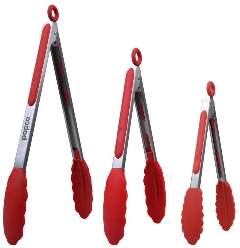 Popco 3-Piece Kitchen Tongs Set – Stainless Steel Heat Resistant Silicone Tips, Strong Comfort Grip, 3 Sizes (7, 9, 12 Inch), Non-Scratch, Dishwasher Safe, for Cooking, BBQ, Salad - Image 1
