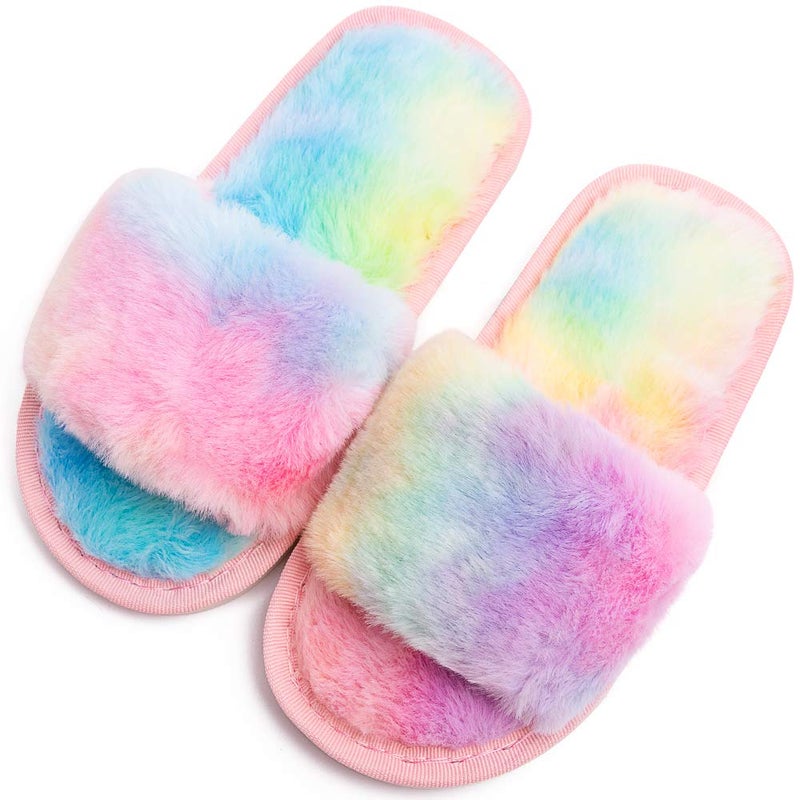 techcity Boys Girls Fuzzy House Slippers Cute Comfy Faux Fur Slip On Fluffy Plush Open Toe Home Slides for Kids Indoor Outdoor Warm Shoes (Rainbow, numeric_1_point_5) - Image 1