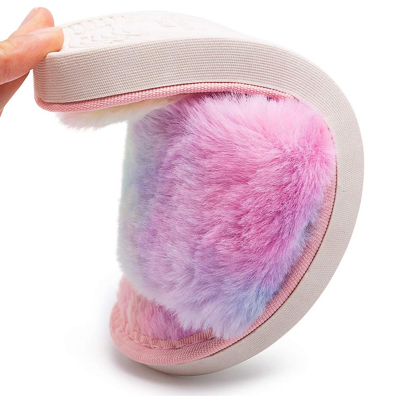 techcity Boys Girls Fuzzy House Slippers Cute Comfy Faux Fur Slip On Fluffy Plush Open Toe Home Slides for Kids Indoor Outdoor Warm Shoes (Rainbow, numeric_1_point_5) - Image 5