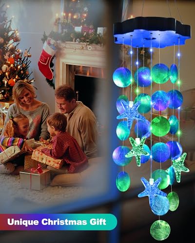 Toodour Solar Wind Chimes for Outside, Shells Light Gifts for Mom Grandma Women Wife Girls, Waterproof Solar Outdoor Decorative Mobile Light for Holiday Garden Porch Yard Outdoor Decor (Blue & Green) - Image 4