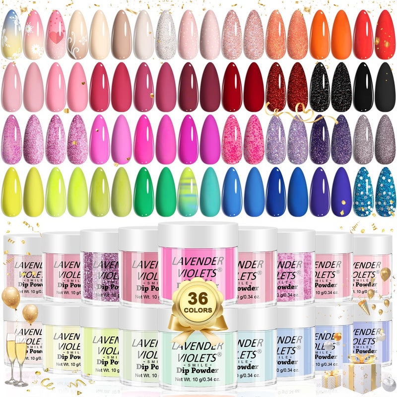 Lavender Violets 36 Colors Dip Powder Nail Kit Starter Quick Drying Dipping Powder Colors Set French Nail Nude Neon All Seasons for Home Salon M950 - Image 1