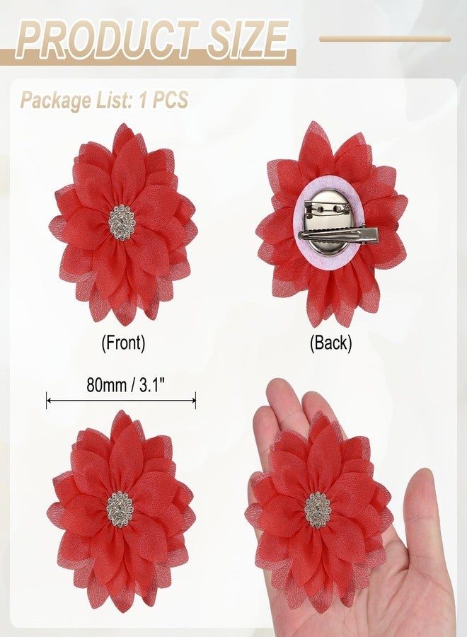 PATIKIL 3.15" Fabric Flower Brooch, Chiffon Flower Pins Rhinestone Satin Fabric Artificial Crystal Lotus Elegant Hair Clips Large for Women Clothes Wedding Banquet, Red - Image 2