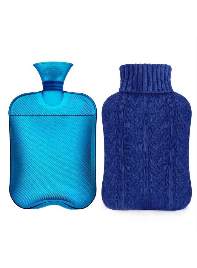 samply Hot Water Bottle with Knitted Cover, 2L Hot Water Bag for Hot and Cold Compress, Hand Feet Warmer, Ideal for Menstrual Cramps, Neck and Shoulder Pain Relief,Navy - Image 1
