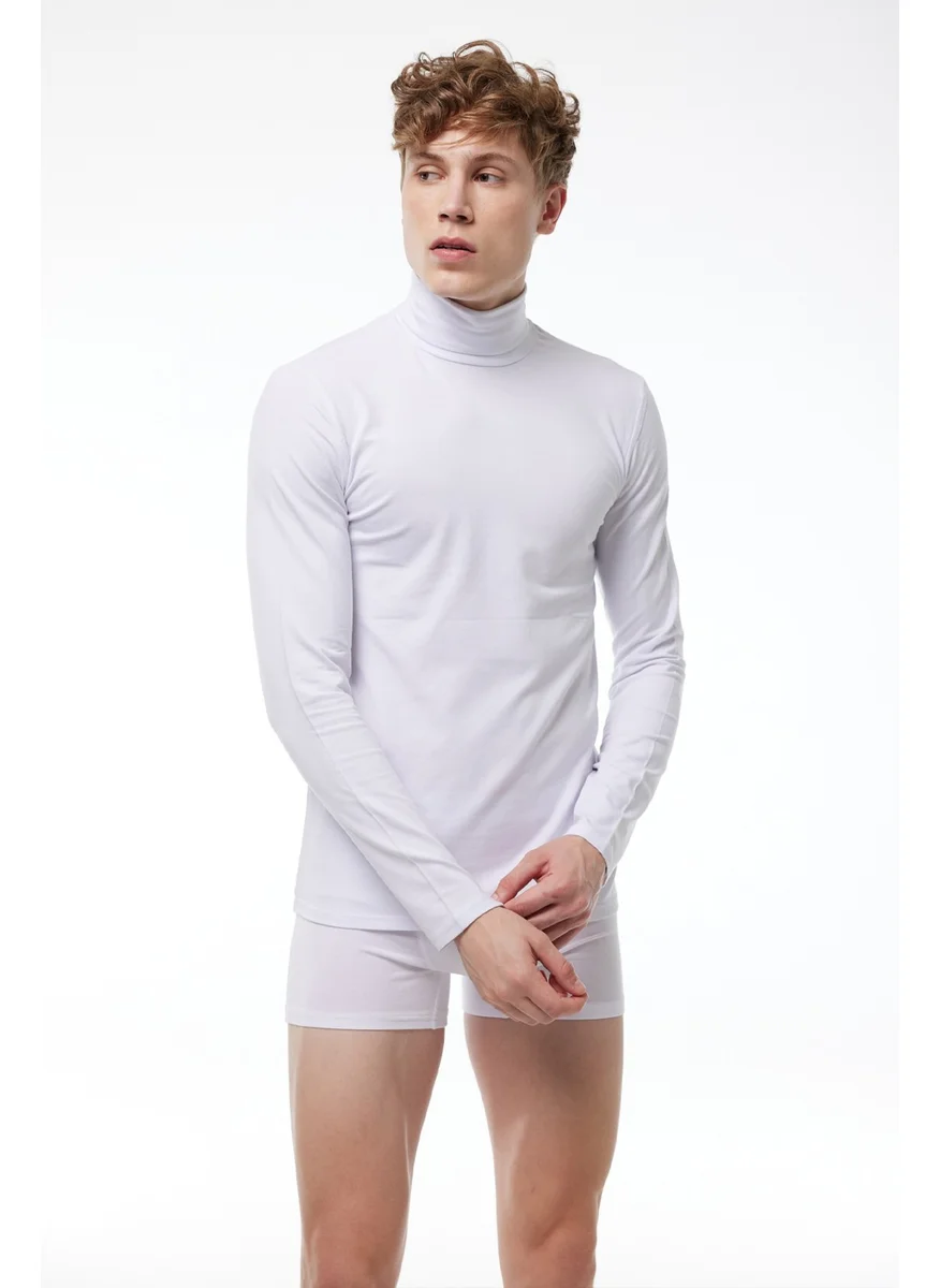 Malabadi Men's White Full Turtleneck Long Sleeve Lycra Modal Bodysuit 063