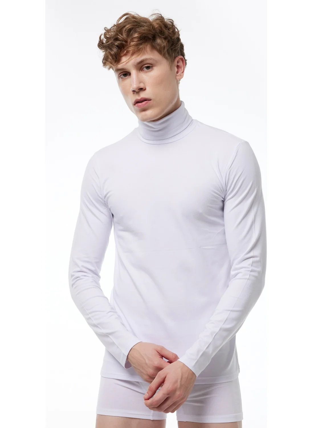 Malabadi Men's White Full Turtleneck Long Sleeve Lycra Modal Bodysuit 063