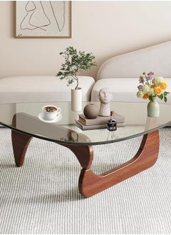 Garlo Triangle Coffee Table in Walnut Mid Century Modern Solid Wood Base and Triangle Clear Glass Coffee Table for Living Room Low Minimalist Tea Table Coffee Tables  - Image 1
