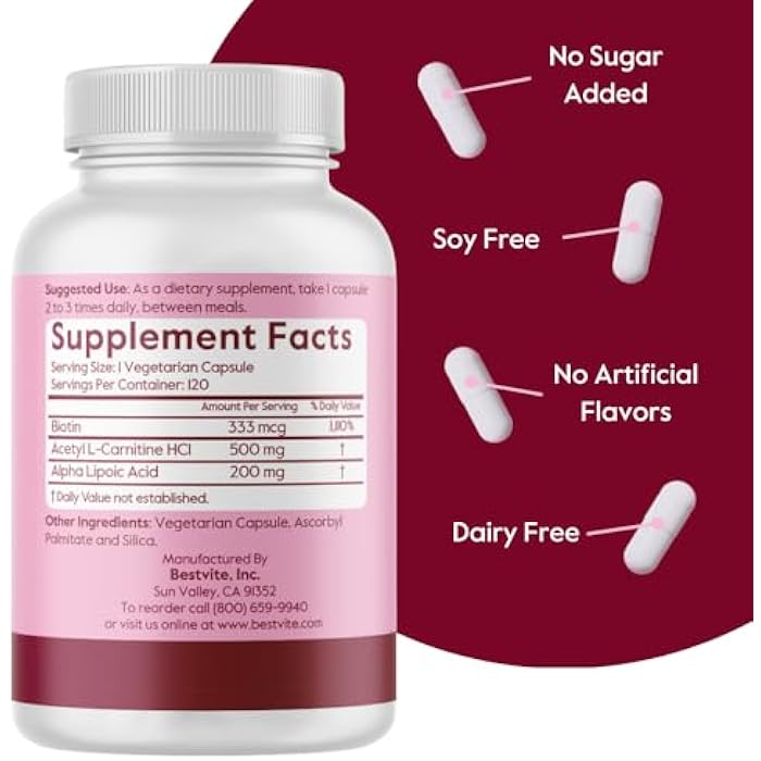 BESTVITE Acetyl L-Carnitine 500mg & Alpha Lipoic Acid 200mg per Capsule with Biotin (120 Vegetarian Capsules) - No Stearates - Vegan - Non GMO - Gluten Free - Image 3