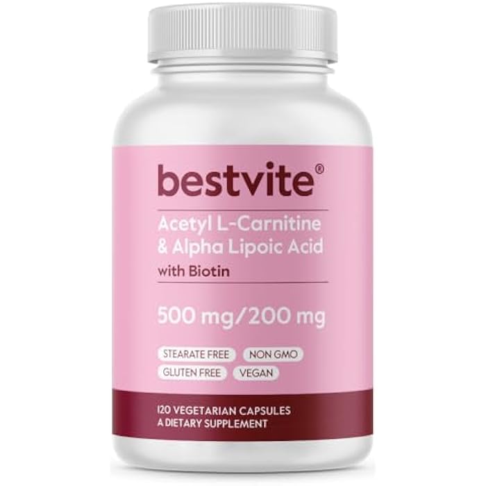 BESTVITE Acetyl L-Carnitine 500mg & Alpha Lipoic Acid 200mg per Capsule with Biotin (120 Vegetarian Capsules) - No Stearates - Vegan - Non GMO - Gluten Free - Image 1