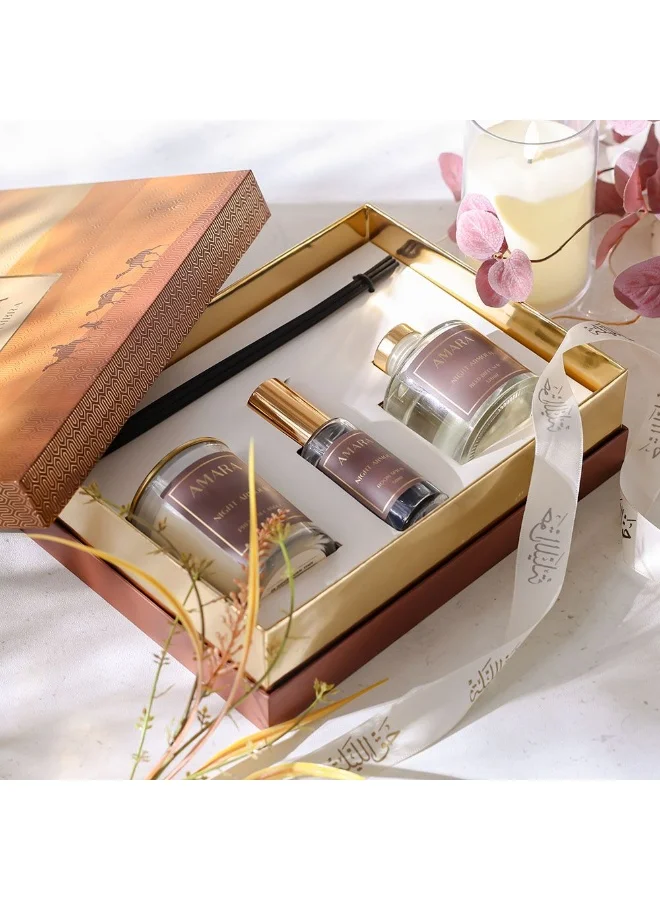 DANUBE HOME Amara Night Armour Scented Candle, Reed Diffuser & Room Spray Set – Luxury Home Fragrance Gift Set For Bedroom, Living Room, Office, Relaxation & Aromatherapy - 50 Ml, 120 Ml