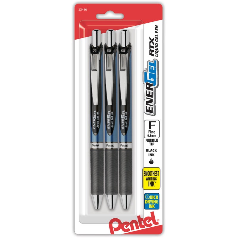 Pentel أقلام بنتل® إنرجل® ديلوكس RTX القابلة للسحب، نقطة إبرة، 0.5 مم، براميل متنوعة، حبر أسود، عبوة من 3 - Image 1