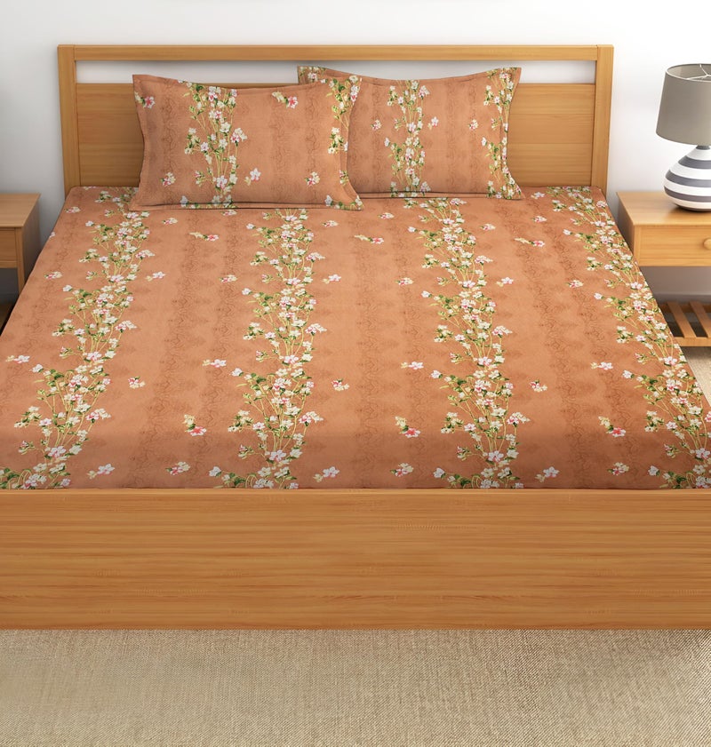 STARNSTYLE 100% Cotton Super Soft 240 Thread Count Elastic Fitted All Around Elastic Printed King Size Double Bed Bedsheet with 2 Pillow Cover 72" X 78" Brown Rose - Image 3