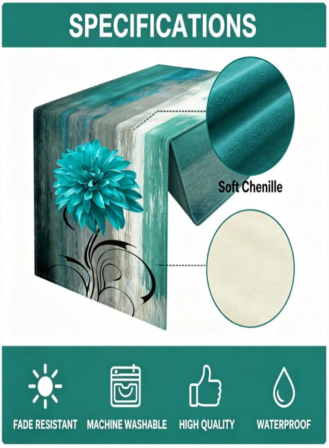 OYIMUA Soft Thick Chenille Teal and Grey Table Runner 36 Inches Long Vintage Abstract Painting Flowers Spring Summer Rustic Dining Table Decorations for Home Indoor Outdoor - Image 4