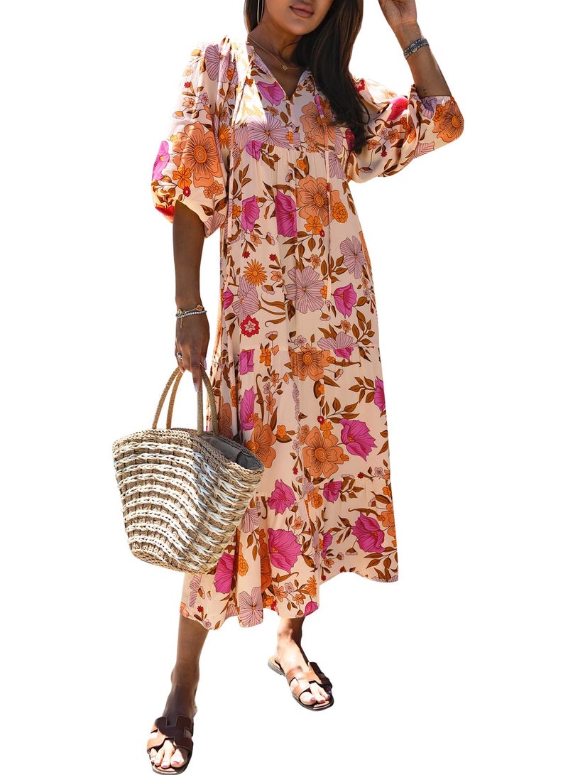 miduo Womens Maxi Dress Casual V Neck Summer Short Sleeve Floral Bohemian Boho Beach Long Dresses Ankle Dresses L - Image 1
