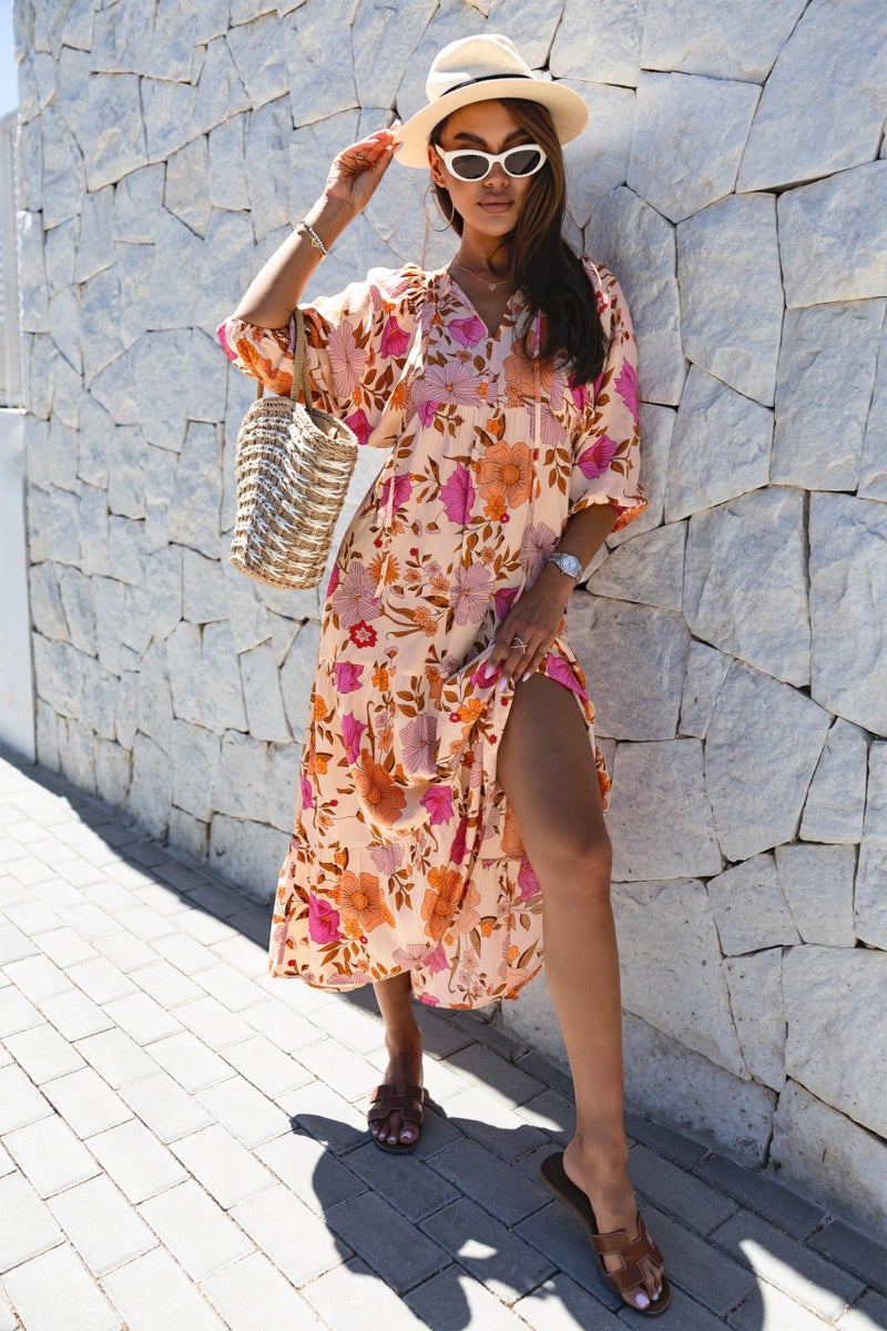miduo Womens Maxi Dress Casual V Neck Summer Short Sleeve Floral Bohemian Boho Beach Long Dresses Ankle Dresses L - Image 4