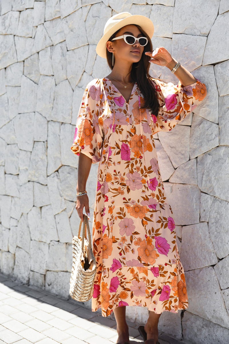 miduo Womens Maxi Dress Casual V Neck Summer Short Sleeve Floral Bohemian Boho Beach Long Dresses Ankle Dresses L - Image 3