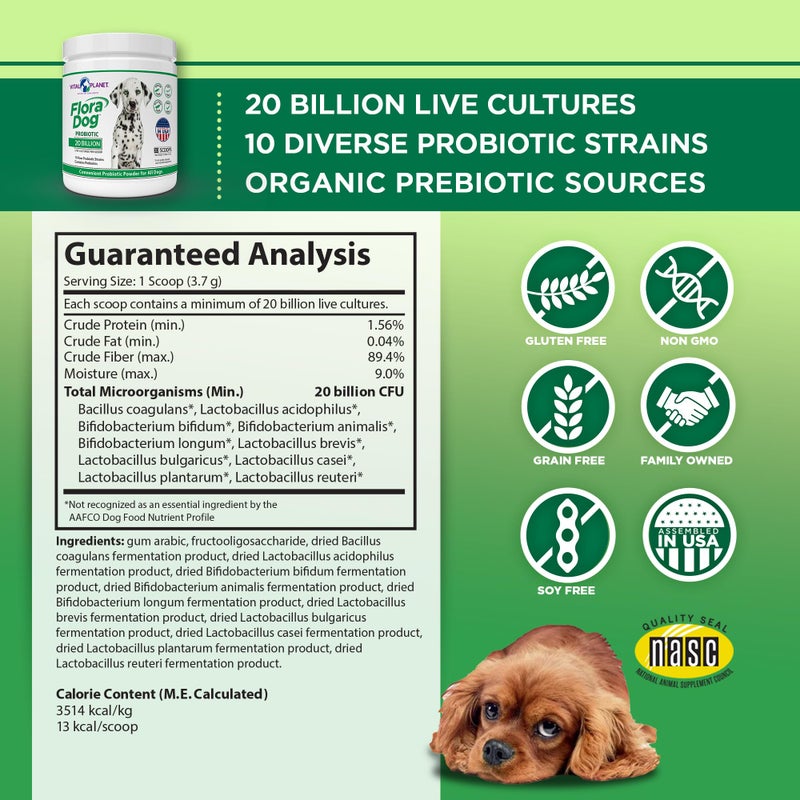 Vital Planet - Flora Dog Probiotic Powder Supplement with 20 Billion Cultures and 10 Strains, High Potency Immune and Digestive Support Probiotics for Dogs, 3.92 oz., 111 Grams, 30 Servings - Image 2