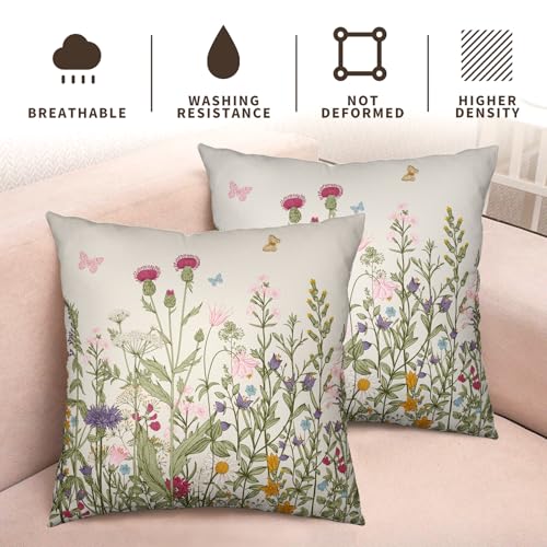 Wnoesat Spring Vintage Floral Pillow Covers 18x18 Set of 2 Sage Green Wildflower Plant Outdoor Throw Pillows Case Summer Rustic Wild Flowers Botanical Print Pillowcase for Farmhouse Sofa Couch Bed Decor - Image 4