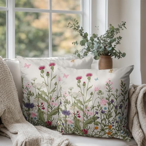 Wnoesat Spring Vintage Floral Pillow Covers 18x18 Set of 2 Sage Green Wildflower Plant Outdoor Throw Pillows Case Summer Rustic Wild Flowers Botanical Print Pillowcase for Farmhouse Sofa Couch Bed Decor - Image 3