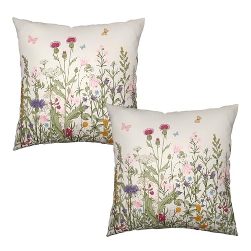 Wnoesat Spring Vintage Floral Pillow Covers 18x18 Set of 2 Sage Green Wildflower Plant Outdoor Throw Pillows Case Summer Rustic Wild Flowers Botanical Print Pillowcase for Farmhouse Sofa Couch Bed Decor - Image 1