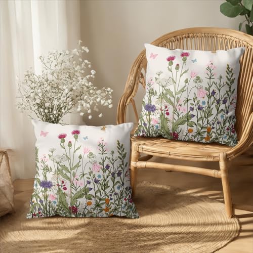 Wnoesat Spring Vintage Floral Pillow Covers 18x18 Set of 2 Sage Green Wildflower Plant Outdoor Throw Pillows Case Summer Rustic Wild Flowers Botanical Print Pillowcase for Farmhouse Sofa Couch Bed Decor - Image 2