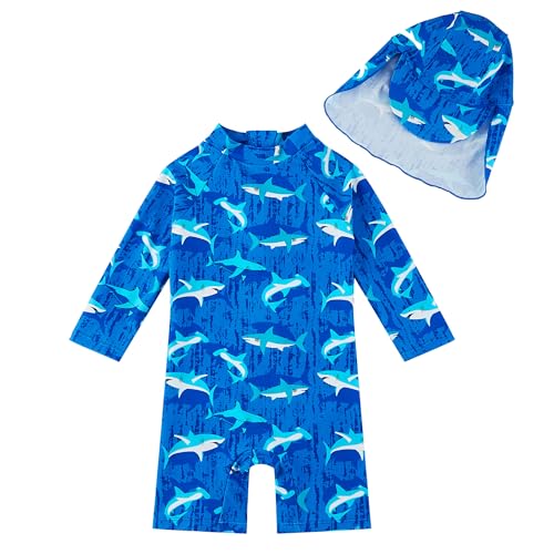 upandfast Baby/Toddler Swimsuit UPF 50+ Sun Protection One Piece Zipper Bathing Suit with Sun Hat Infant Beach Swimwear (Sea Blue Shark,12-18 Months) - Image 1