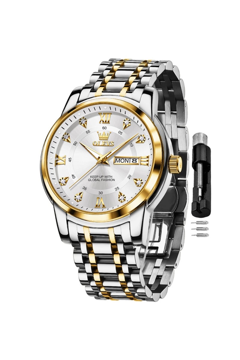 أوليفز ساعات OLEVS للرجال كلاسيكية أنالوج كوارتز من الفولاذ المقاوم للصدأ مقاومة للماء مضيئة بالتاريخ ساعة رجالية من الألماس - Image 1