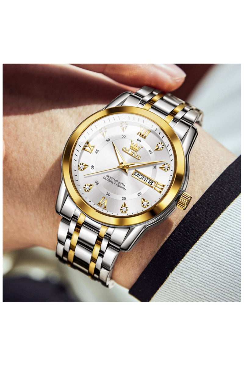 أوليفز ساعات OLEVS للرجال كلاسيكية أنالوج كوارتز من الفولاذ المقاوم للصدأ مقاومة للماء مضيئة بالتاريخ ساعة رجالية من الألماس - Image 2