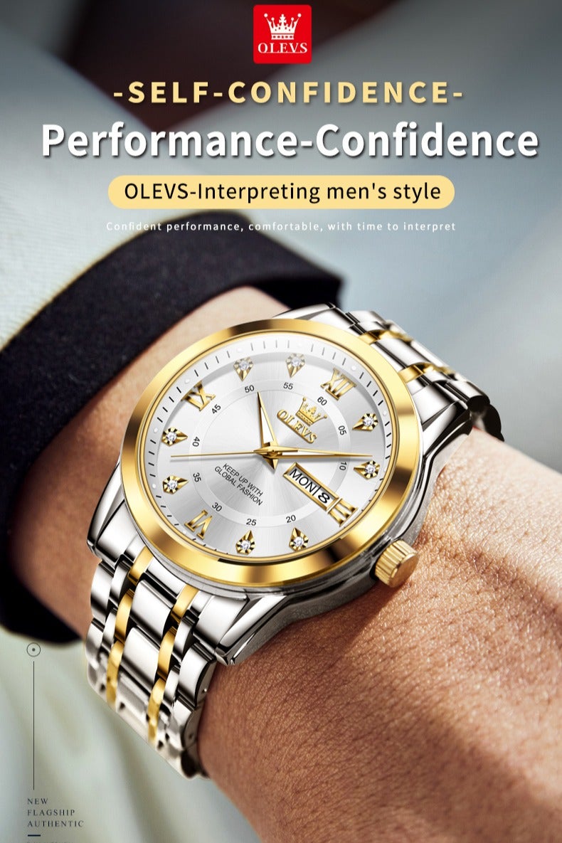 أوليفز ساعات OLEVS للرجال كلاسيكية أنالوج كوارتز من الفولاذ المقاوم للصدأ مقاومة للماء مضيئة بالتاريخ ساعة رجالية من الألماس - Image 3