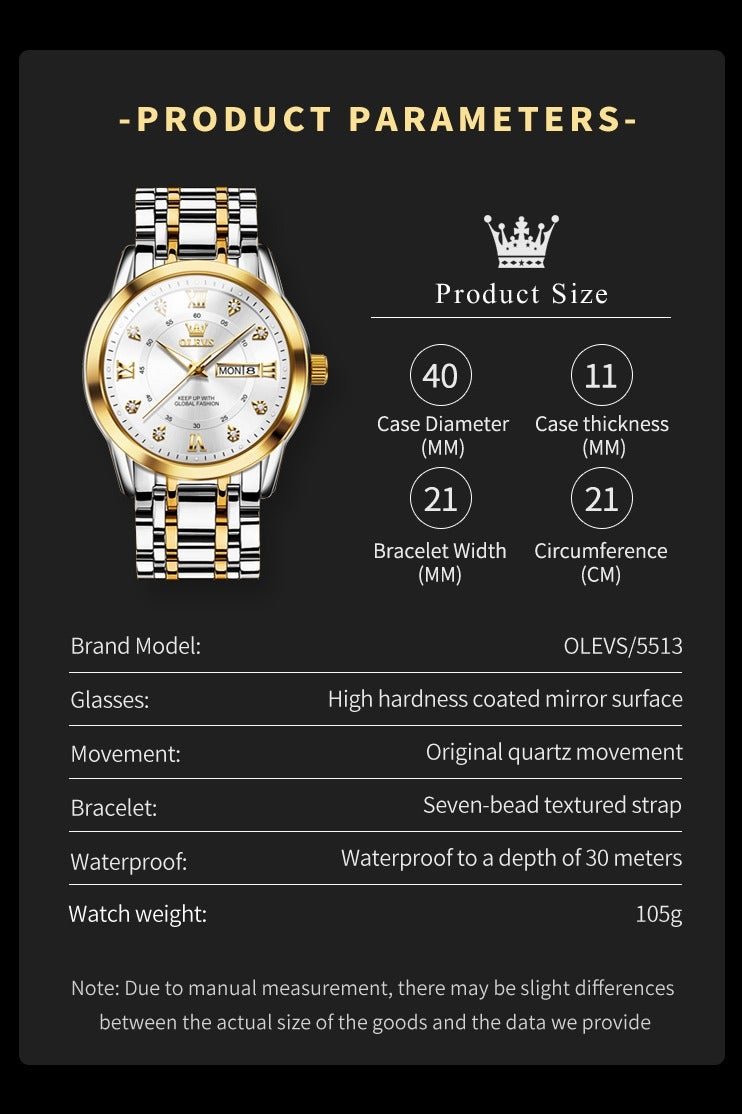 أوليفز ساعات OLEVS للرجال كلاسيكية أنالوج كوارتز من الفولاذ المقاوم للصدأ مقاومة للماء مضيئة بالتاريخ ساعة رجالية من الألماس - Image 5