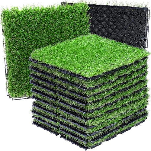 VANCASTLE Artificial Grass Tiles Interlocking Turf Squares Deck 9 Pack -12"x12" Indoor Outdoor Faux Grass Rug with Drainage Holes-Fake Grass Tiles Self-draining for Garden Lawn Landscape Balcony Decoration - Image 1