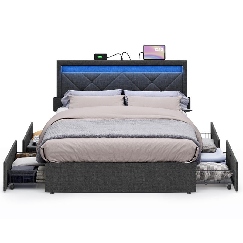 VASAGLE LED Bed Frame Full Size Full Bed with Headboard and 4 Drawers 1 USB Port and 1 Type C Port Adjustable Upholstered Headboard 371396 Inches No Box Spring Needed Dark Gray URMB822G71