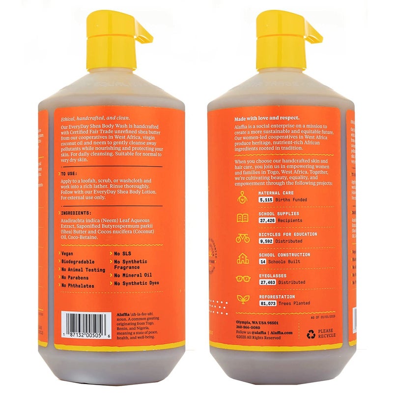 Alaffia Everyday Shea Body Wash, Naturally Helps Moisturize and Cleanse Without Stripping Natural Oils with Fair Trade Shea Butter, Neem, and Coconut Oil, Unscented, 2 Pack - 32 Fl Oz Ea - Image 2