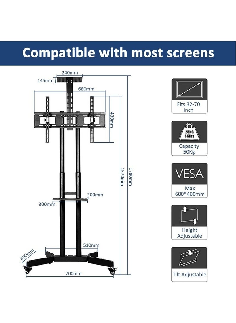 ELTRAZONE - Mobile TV Stand Rolling TV Cart,Floor TV Stand Trolley for 32” to 70” LCD LED Flat Curved Screen Tilt Height Adjustable TV Stand Mounted with Wheels 2 Media Shelves Cable Management - Image 1