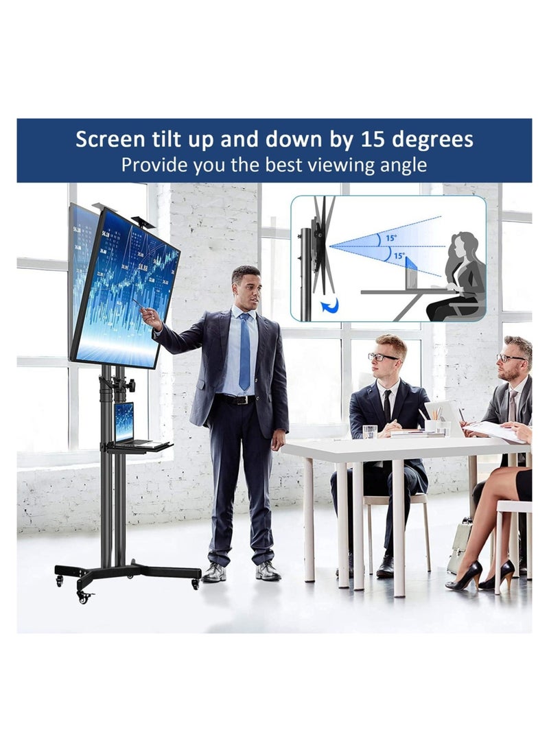 ELTRAZONE - Mobile TV Stand Rolling TV Cart,Floor TV Stand Trolley for 32” to 70” LCD LED Flat Curved Screen Tilt Height Adjustable TV Stand Mounted with Wheels 2 Media Shelves Cable Management - Image 1