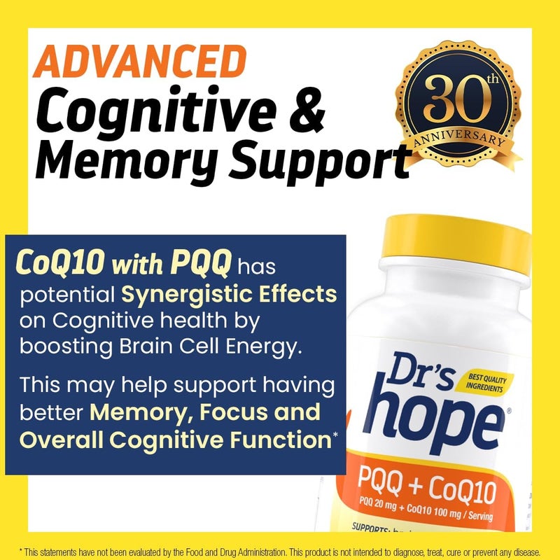 Drs Hope مكمل PQQ CoQ10 20 ملغ مع CoQ10 100 ملغ مكمل PQQ مع مكمل الإنزيم المساعد Q10 يدعم صحة الدماغ 60 كبسولة نباتية 1 كبسولة لكل حصة - Image 3