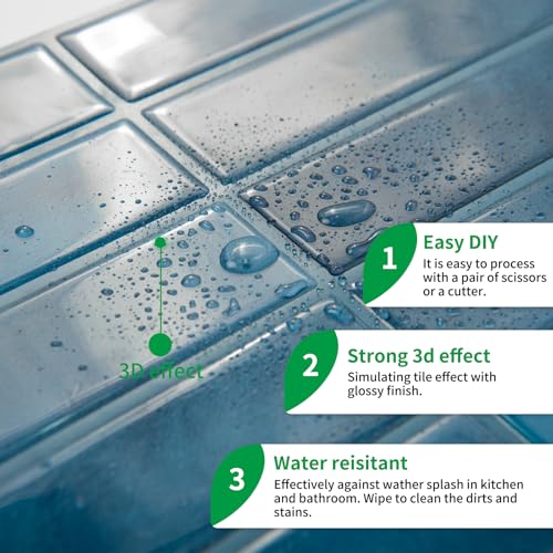 LONGKING 10-Sheet Blue Peel and Stick Backsplash Tiles for Kitchen Wall, Kitchen Backsplash Tiles, Wall Tile, Waterproof Back Splash Stick on Tiles for Bathroom - Image 4