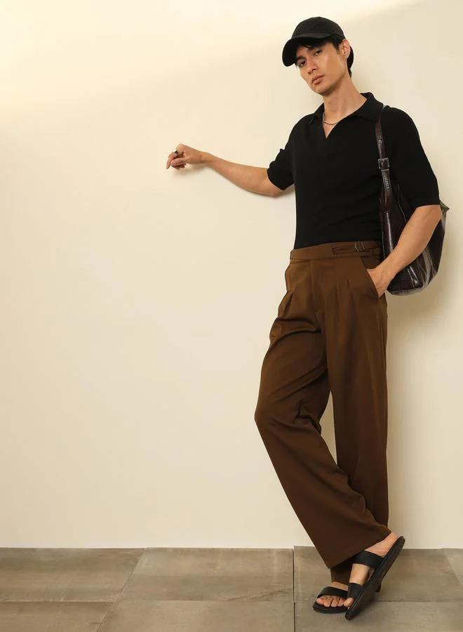 ساسافراس Men Tan Double Waist Adjuster Korean Pants