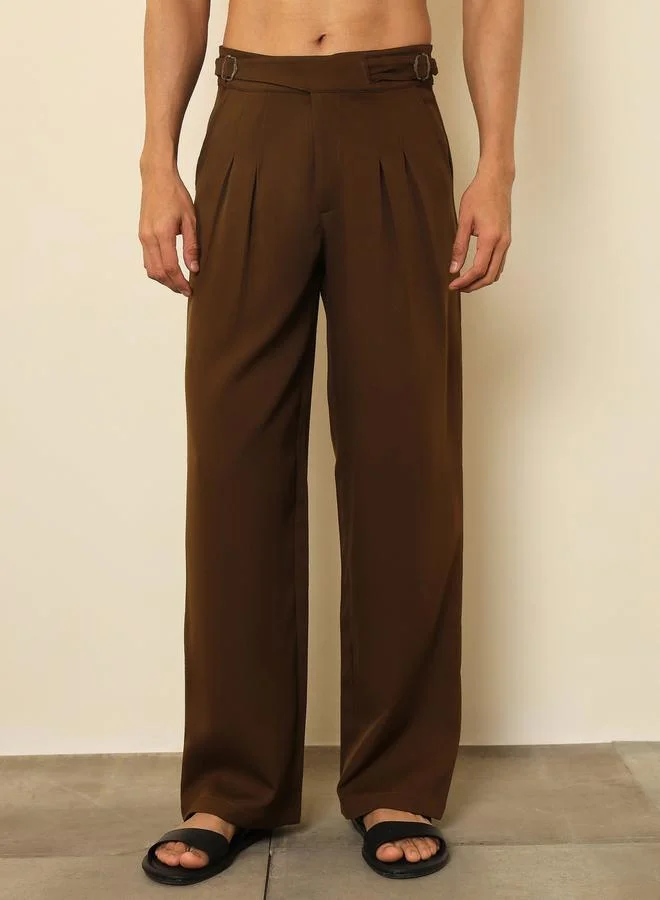 ساسافراس Men Tan Double Waist Adjuster Korean Pants