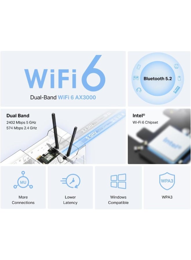 MERCUSYS AX3000 Dual-Band Wi-Fi 6 Bluetooth PCI Express Adapter
SPEED: 2402 Mbps at 5 GHz + 574 Mbps at 2.4 GHz
SPEC: 2× High Gain Dual-Band External Antennas
FEATURE: Wi-Fi 6, MU-MIMO, OFDMA, 1024 QAM, HE160, WPA3, Bluetooth 5.2 Black - Image 2