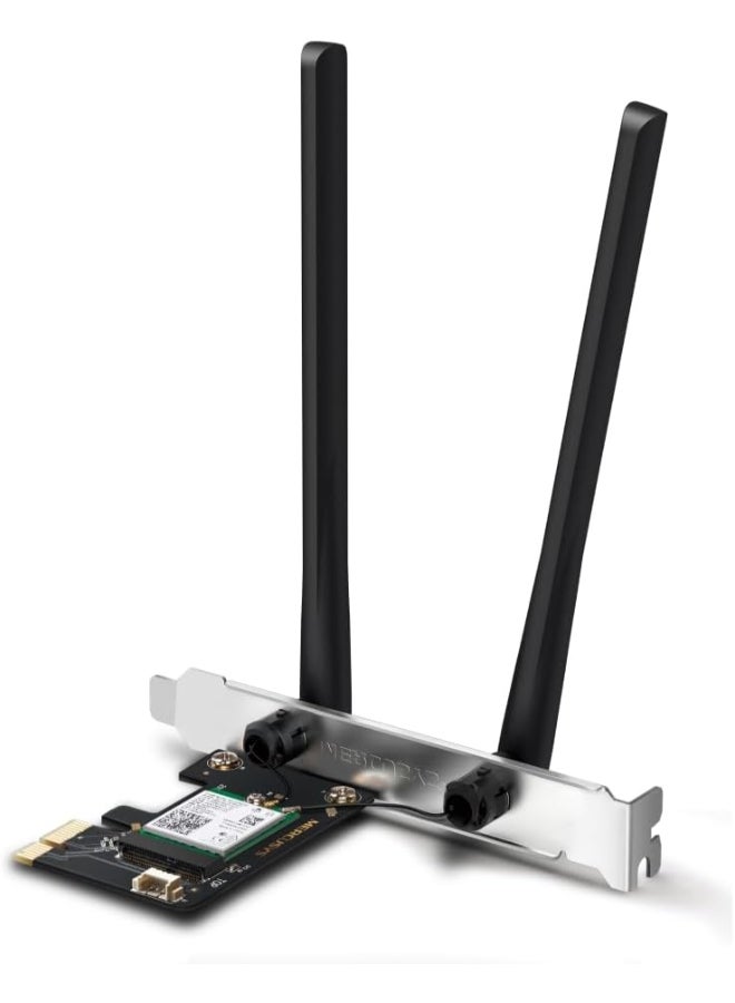 MERCUSYS AX3000 Dual-Band Wi-Fi 6 Bluetooth PCI Express Adapter
SPEED: 2402 Mbps at 5 GHz + 574 Mbps at 2.4 GHz
SPEC: 2× High Gain Dual-Band External Antennas
FEATURE: Wi-Fi 6, MU-MIMO, OFDMA, 1024 QAM, HE160, WPA3, Bluetooth 5.2 Black - Image 1