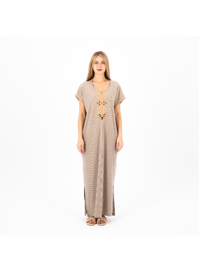 zecotex  Summer Maxi Abaya |Beige Embroidered Long Nightgown | Elegant Cotton Maxi Dress | Lightweight Fabrics for Maximum Comfort | Women's Home wear  - Image 1