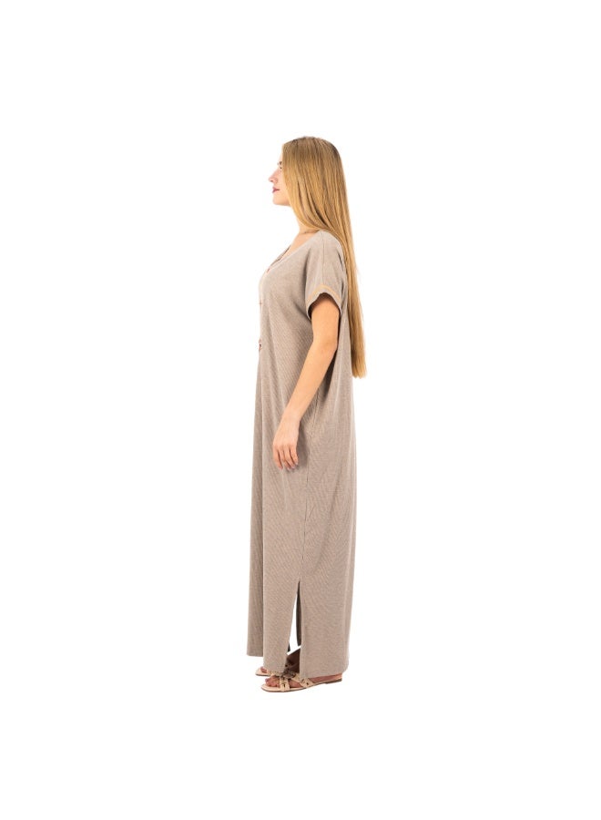 zecotex  Women's Maxi Cotton Home Dress - Beige Long Jalabiya with Geometric Floral Embroidery and Button Detail. - Image 3