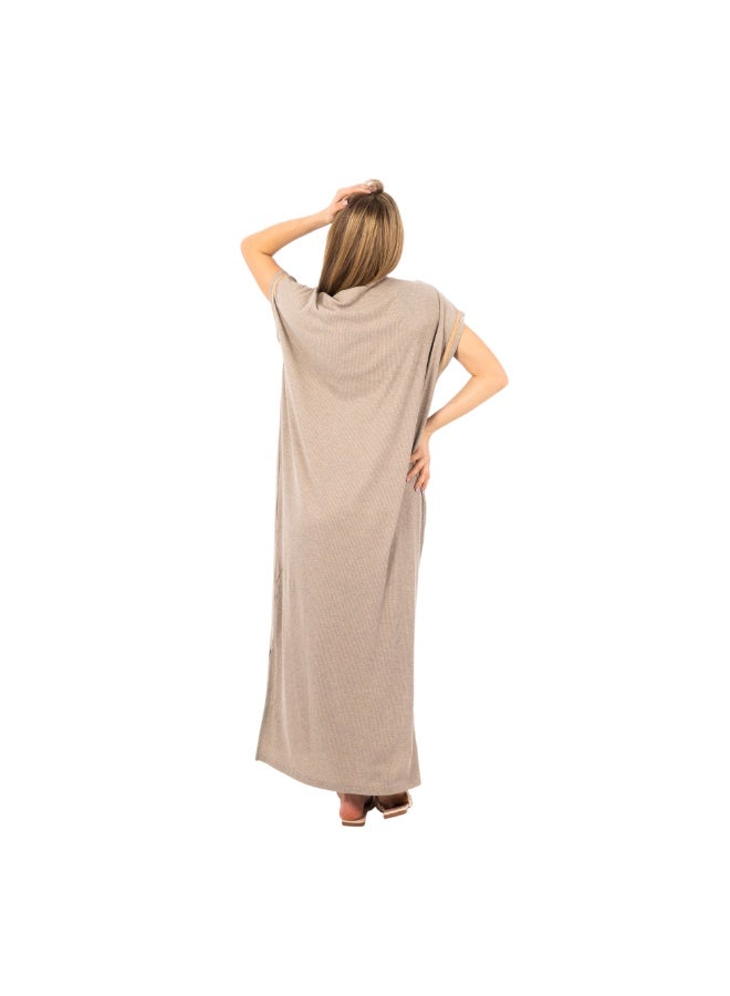 zecotex  Women's Maxi Cotton Home Dress - Beige Long Jalabiya with Geometric Floral Embroidery and Button Detail. - Image 4