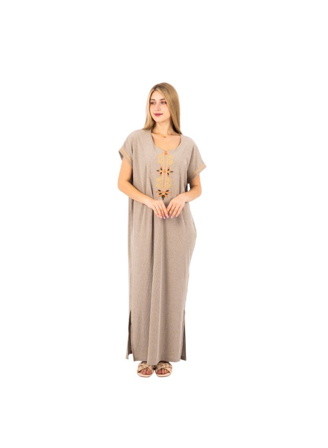 zecotex  Women's Maxi Cotton Home Dress - Beige Long Jalabiya with Geometric Floral Embroidery and Button Detail. - Image 2