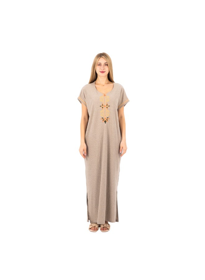 zecotex  Women's Maxi Cotton Home Dress - Beige Long Jalabiya with Geometric Floral Embroidery and Button Detail. - Image 1