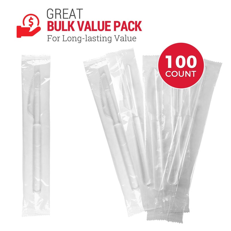 SupplyTuff 3X Heavy Duty Plastic Clear Knives Disposable Individually Wrapped  Sturdy Like Silverware  100 Pack Plastic Steak Knives Bulk  Packaged Utensils  Perfect for Event Catering  Restaurant and Take Out.  - Image 1