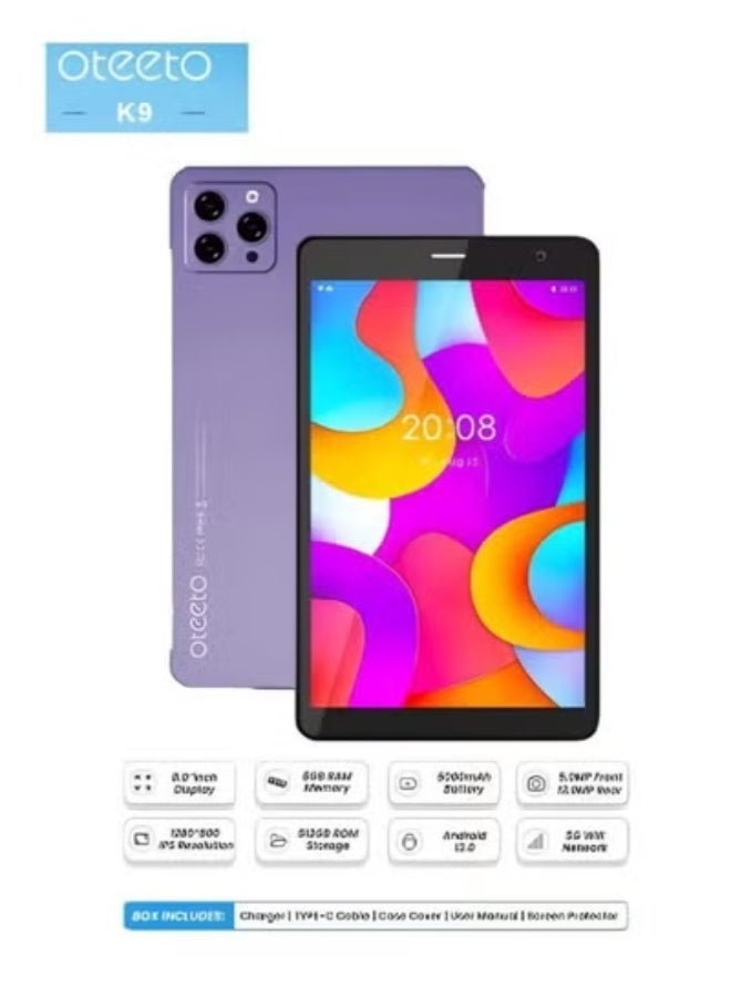 Oteeto K9 5G Android Tablet – 8-Inch HD Display, 8GB RAM, 512GB Storage – Dual SIM, Wi-Fi, Bluetooth – 5000mAh Battery – Ultra Slim Lightweight Design for Study, Work & Entertainment – Purple - Image 4