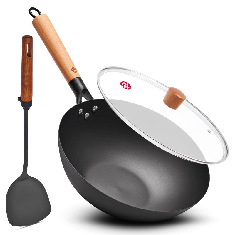 WANGYUANJI 11.8" High Purity Iron Wok Pan,Flat Bottom Stir Fry Pan for Electric,Induction & Gas Stoves,No Chemical Coating Carbon Steel Alternative,Traditional Hand-Hammered Skillet for Cooking - Image 1