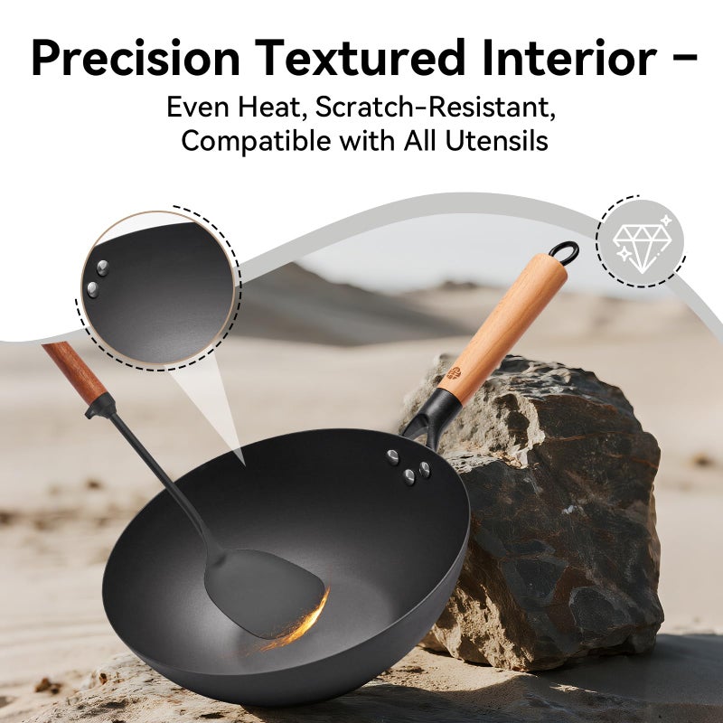 WANGYUANJI 11.8" High Purity Iron Wok Pan,Flat Bottom Stir Fry Pan for Electric,Induction & Gas Stoves,No Chemical Coating Carbon Steel Alternative,Traditional Hand-Hammered Skillet for Cooking - Image 3