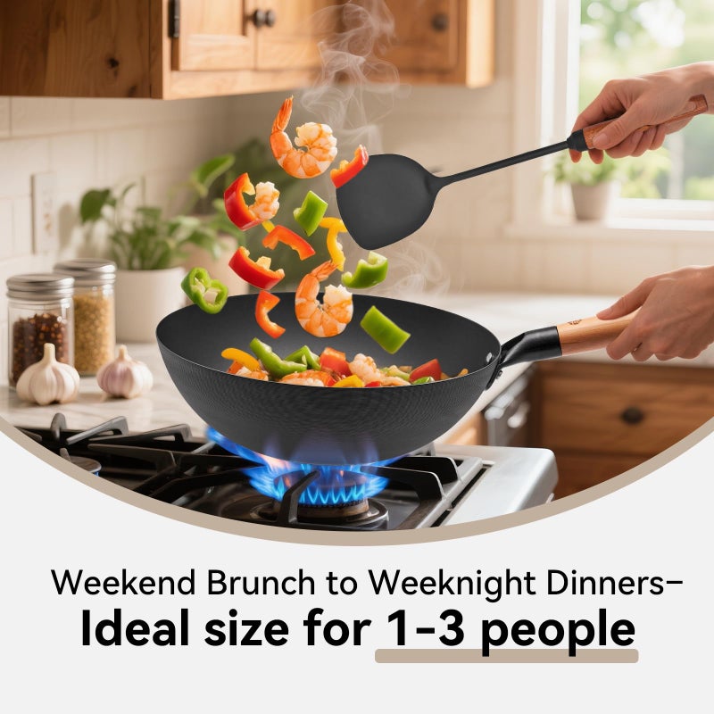 WANGYUANJI 11.8" High Purity Iron Wok Pan,Flat Bottom Stir Fry Pan for Electric,Induction & Gas Stoves,No Chemical Coating Carbon Steel Alternative,Traditional Hand-Hammered Skillet for Cooking - Image 2